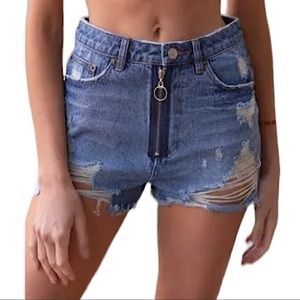 Signature8 High Waist Distressed Jean Shorts Front Zip DRing Size S Waist 27 NEW